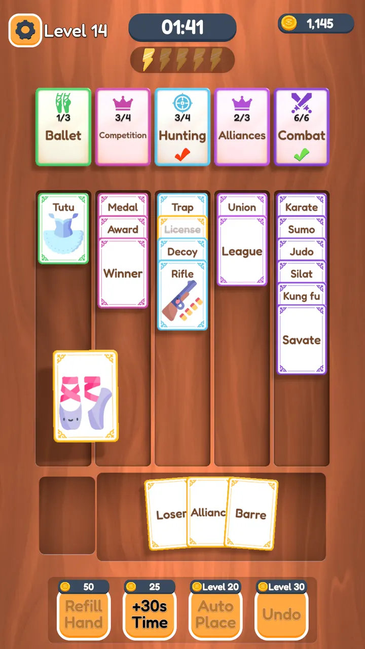 Slide Deck gameplay — sorting word cards into colorful category columns